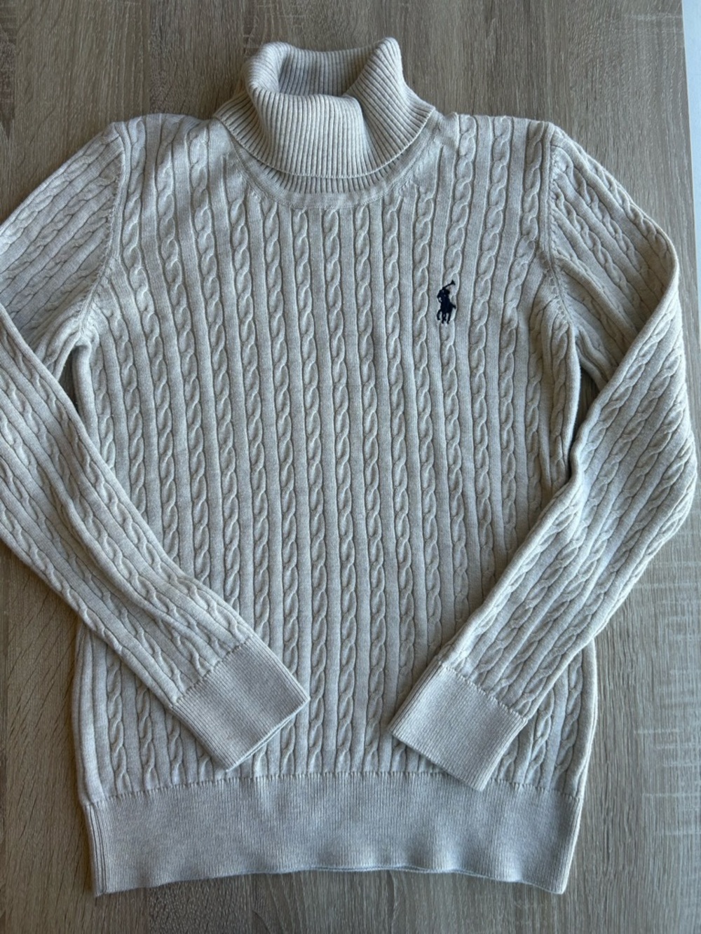 Ralph Lauren Cream Cable-Knit Turtleneck Sweater with Pony Logo